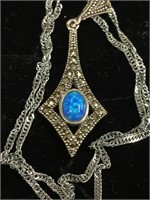Blue Opal and marcasite pendant on silver chain