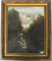 19TH CENTURY OIL ON CANVAS OF A MOUNTAIN WATERFALL