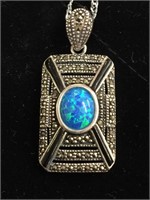 Blue Opal with marcasite pendant on silve chain