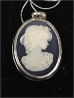 Blue stone cameo pendant, silver chain