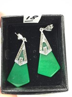 Jade and marcasite pierced earrings - marked 925