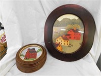 Oval frame picture- 4 framed plates of barns from