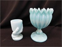 Blue milk glass 5" tall compote - Hand toothpick?