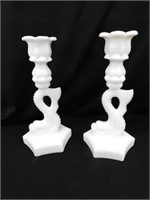 Dolphin 9" milk glass candle holders, possibly