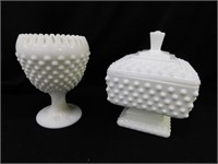 Hobnail covered candy and a footed vase