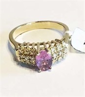 14K Yellow Gold Ring with PInk Stone & DIamonds