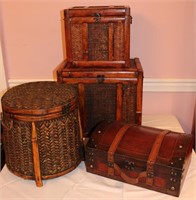 5 Piece Decorator - 2 Wood & Basket Boxes / Round