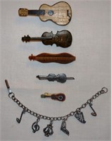 5 music pins: 2 guitar, 1 dulcimer, 2 violins; 1