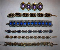 50's era: 6 gold tone bracelets with colored