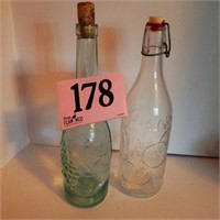 2 PRESSED GLASS BOTTLES WITH STOPPERS 13 IN