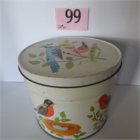 VINTAGE TIN CONTAINER WITH BIRD MOTIF BERTELS CAN