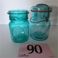 2 BLUE GLASS BALL SNAP-TOP CANNING JARS (ONE