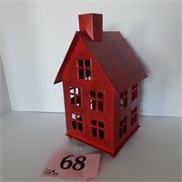 RED METAL HOUSE SHAPED CANDLE LANTERN 10 IN