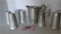 HAMMERED ALUMINUM VINTAGE PITCHER WITH 6 TUMBLERS