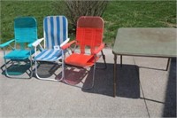 3 LAWN CHAIRS, FOLDING CARD TABLE
