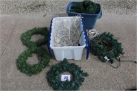 2 TOTES LIGHTS, WREATHS, LIGHTED GARLAND