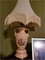 VINTAGE PINK LAMP WITH NICE FRINGE SHADE