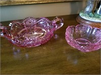PINK PRESSED GLASS 7" DOUBLE HANDLED BOWL