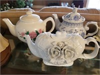 3 TEAPOT COLLECTION -- ROSES/ BLUE & WHITE