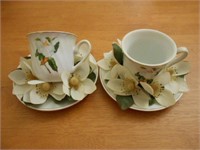 Set of 2 Tea Cups and Saucers White Flowers