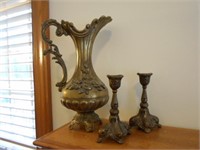 Brass Pitcher and Candle Holders