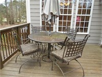 Brown Iron Table with 4 Chairs and Umbrella