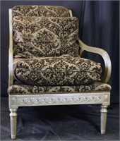 SILVERLEAFED AND UPHOLSTERED SCROLL ARMCHAIR