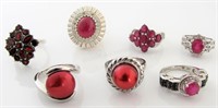 Seven Sterling Silver Red Stone Rings