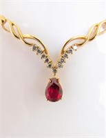 14K YG Synthetic Ruby, Diamond Necklace