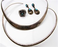 Sterling and Turquoise Earrings, Ring, Collars