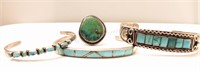 Three Sterling and Turquoise Cuffs, Ring