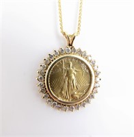 Gold Eagle Coin Diamond Bezel Pendant, Chain
