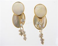 14K Yellow Gold Mother of Pearl, Pearl Earrings