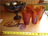 Iridized Compote, 4 Tumblers & Art Glass