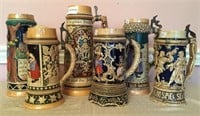 6 Unmatched pottery stein, relief, hand painted