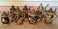 7 Unmatched pottery stein, 1/4 L, pewter lids, 4"