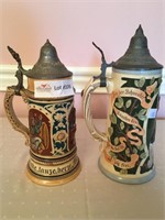 2 Unmatched pottery stein - relief, 3 panel,
