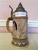 Pottery stein, relief pub scene w/pewter lid, 1L,