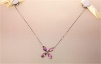 14K White gold pink sapphire floral pendant with