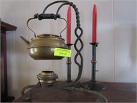 Brass Kettle on Iron Warming Stand and Pr. Of "Ho