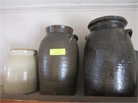 3 Pcs. Pottery: 2 Jars with Lug Handles, White Can
