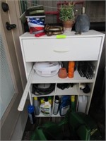 White Cabinet, Assorted Garden Items, John Deere B