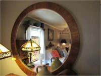 Round Oak Framed Wall Mirror with Beveled Edge