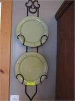 2 Section Wall Hanger with 2 Green Glazed Decorato