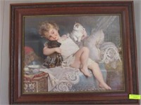 Victorian Print of Girl with Cat & Puppy