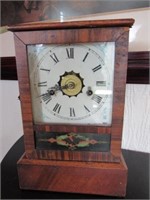 Cased Cottage Clock: Reverse Painted Lower Door wi