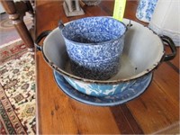 3 Pcs. Graniteware: Plate, Small Bucket, Bowl