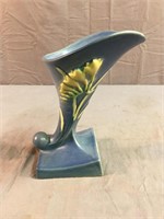 blue Roseville flower vase