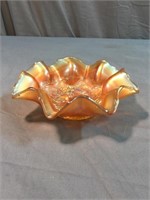 Orange leaf pattern Carnival glass bowl