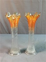 2 orange Carnival glass vases
